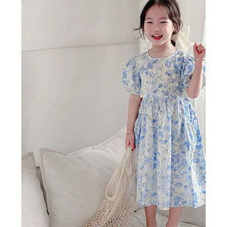 [B&G] Đầm váy thô hoa xanh tay bồng dễ thương cho bé gái từ 1-10 tuổi(19-40kg)