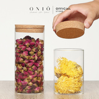 Hũ Thủy Tinh Tròn Nắp Gỗ Bần ONIÕ, Kích Thước 200x80mm, Dung Tích 850ml Tiện Dụng, Đa Năng. HNB-01