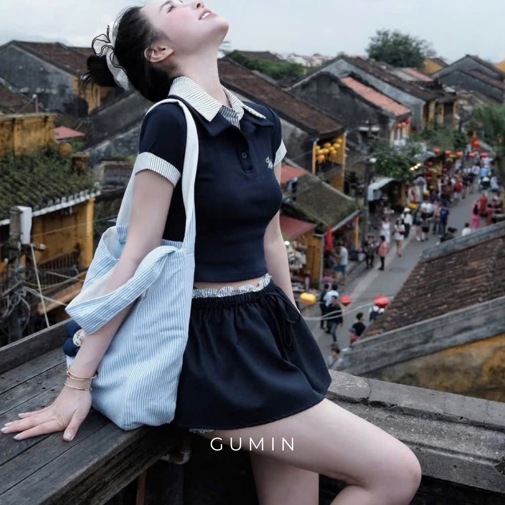 Set bộ áo váy croptop GUMIN thiết kế 2 món gồm áo polo ngắn mix cổ sơ mi kèm chân váy xoè ngắn có quần kẻ trong cao cấp