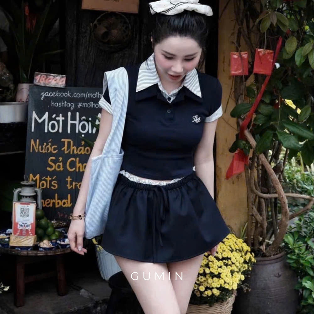 Set bộ áo váy croptop GUMIN thiết kế 2 món gồm áo polo ngắn mix cổ sơ mi kèm chân váy xoè ngắn có quần kẻ trong cao cấp