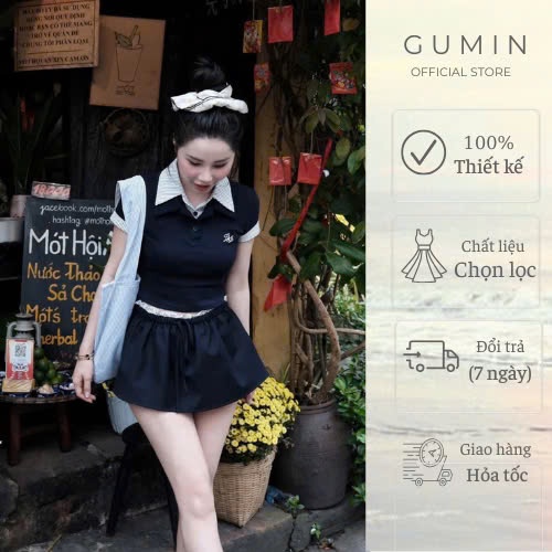 Set bộ áo váy croptop GUMIN thiết kế 2 món gồm áo polo ngắn mix cổ sơ mi kèm chân váy xoè ngắn có quần kẻ trong cao cấp