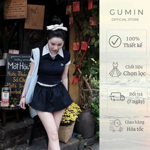 Set bộ áo váy croptop GUMIN thiết kế 2 món gồm áo polo ngắn mix cổ sơ mi kèm chân váy xoè ngắn có quần kẻ trong cao cấp