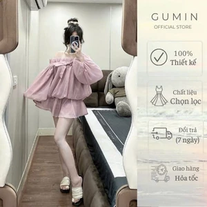Set bộ tơ bồng trễ vai GUMIN thiết kế áo xoè gấu có dây nơ ngực kèm chân váy xòe có quần trong dày dặn, Set đồ nữ sang t