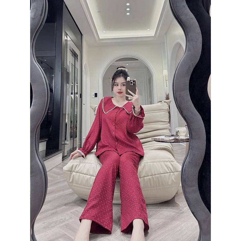 40-58kg Bộ pijama Tiểu thư chất Đũi hoa đỏ mềm