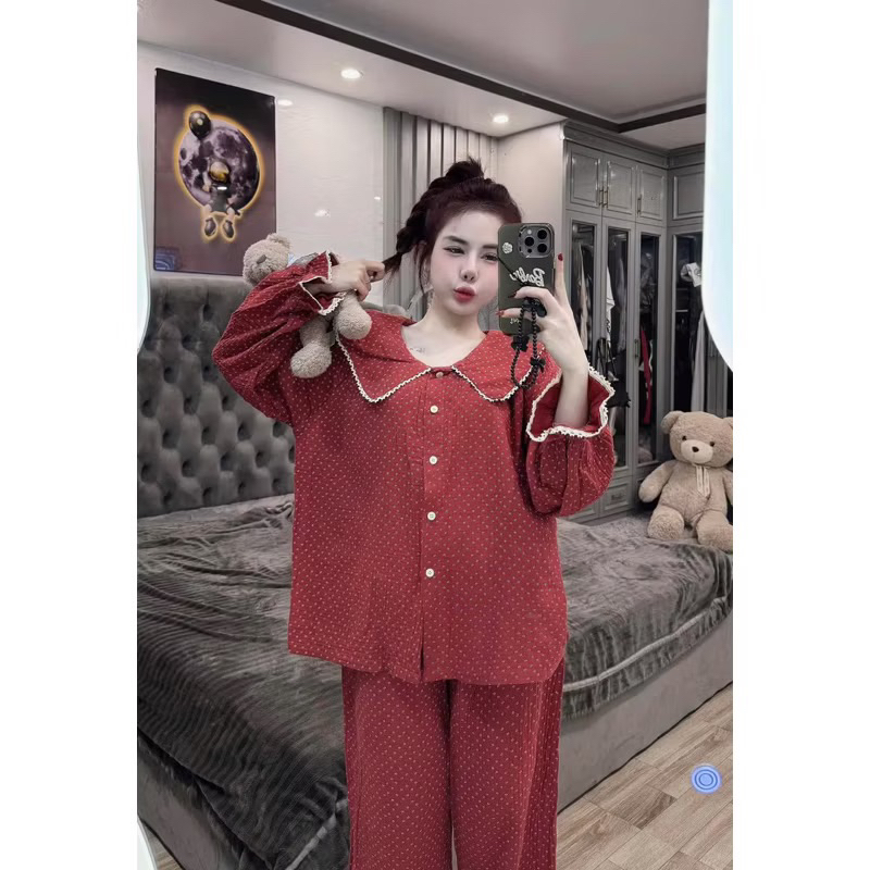 40-58kg Bộ pijama Tiểu thư chất Đũi hoa đỏ mềm