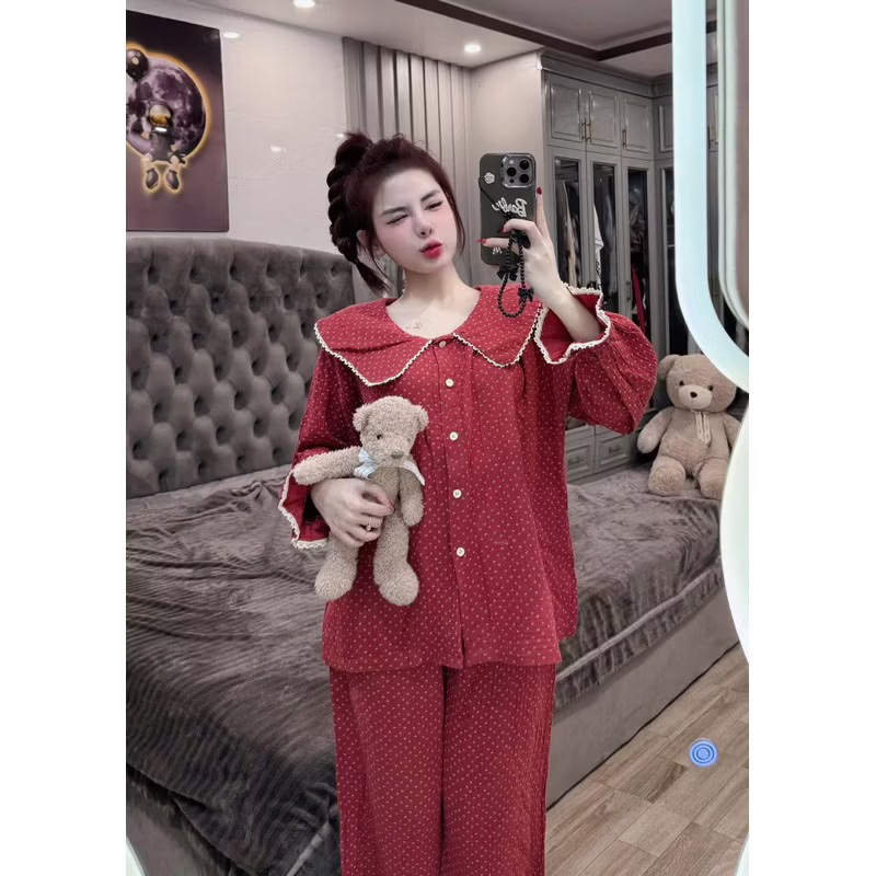 40-58kg Bộ pijama Tiểu thư chất Đũi hoa đỏ mềm