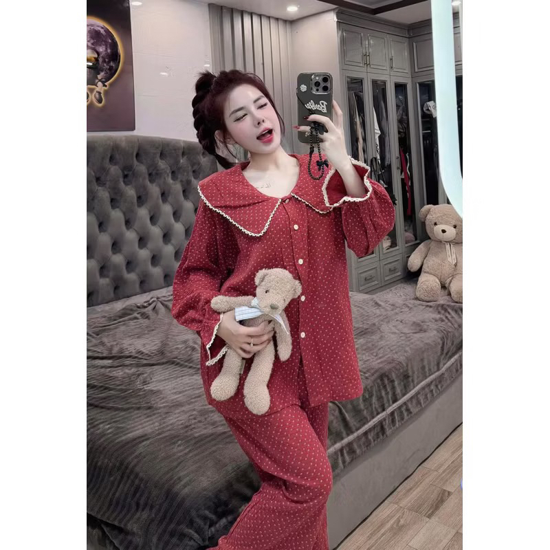 40-58kg Bộ pijama Tiểu thư chất Đũi hoa đỏ mềm