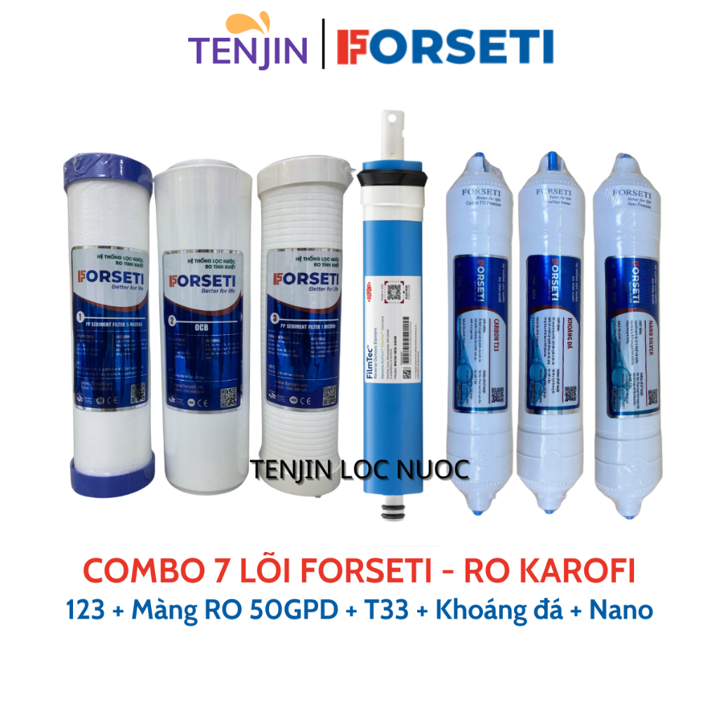 Combo 7 Lõi Lọc Nước FORSETI Gồm 123 + Màng RO50 Karofi/RO Sunhouse/RO Kangaroo + Carbon T33, Khoáng Đá, Nano Silver