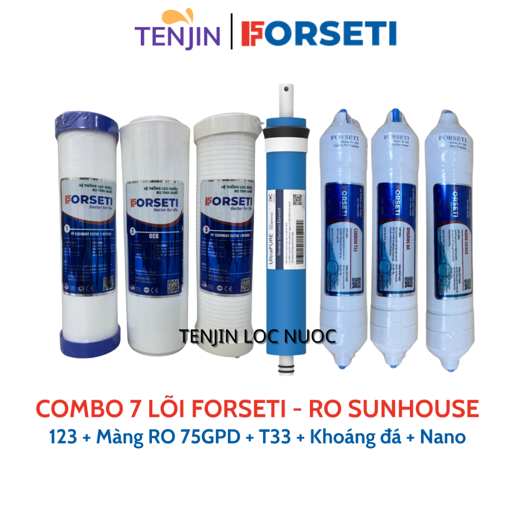 Combo 7 Lõi Lọc Nước FORSETI Gồm 123 + Màng RO50 Karofi/RO Sunhouse/RO Kangaroo + Carbon T33, Khoáng Đá, Nano Silver