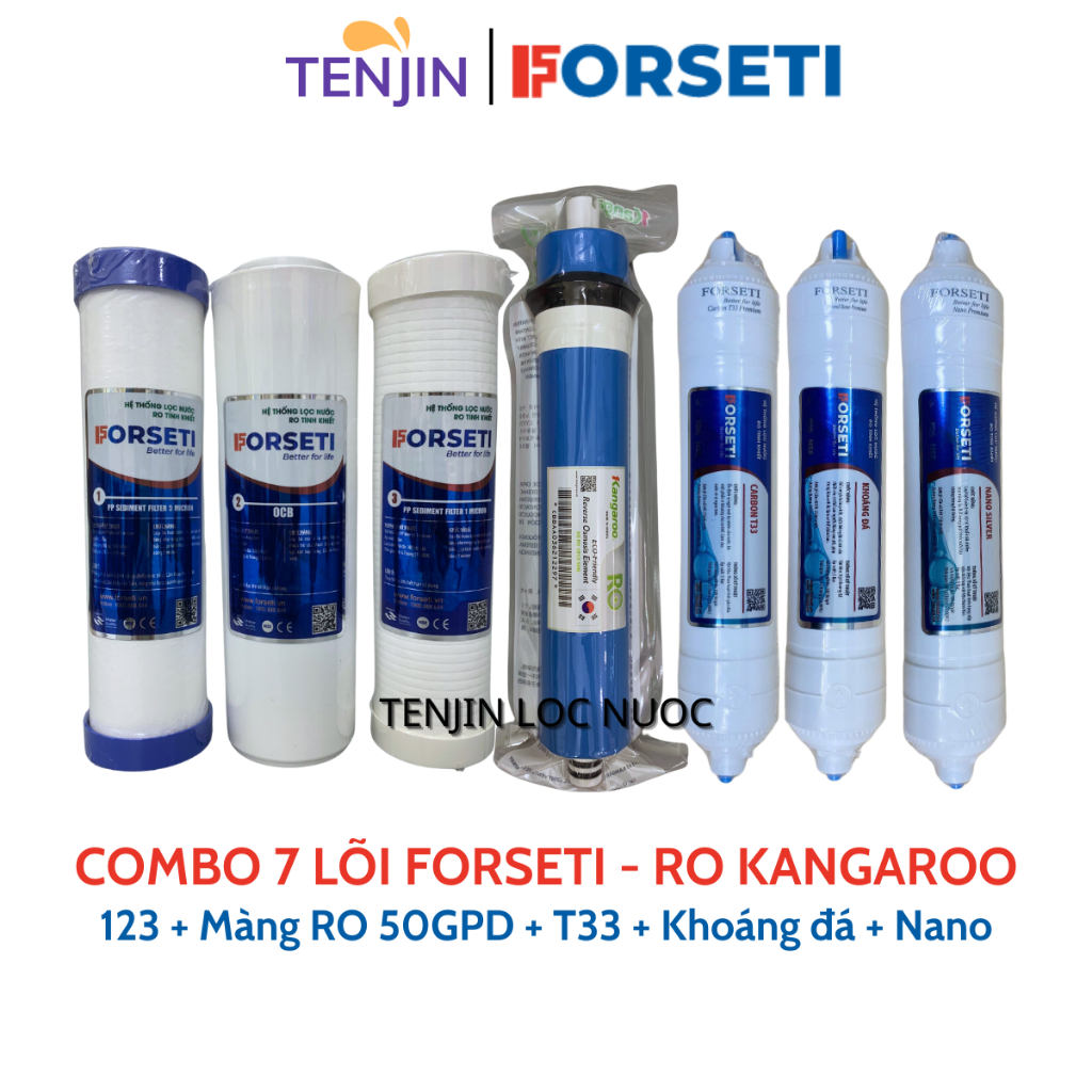 Combo 7 Lõi Lọc Nước FORSETI Gồm 123 + Màng RO50 Karofi/RO Sunhouse/RO Kangaroo + Carbon T33, Khoáng Đá, Nano Silver