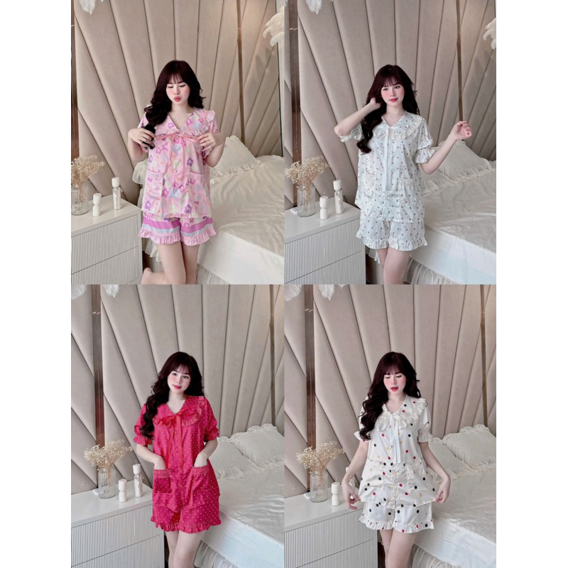 40-58kg Bộ pijama Đùi tiểu thư phối ren lụa latin mềm mát