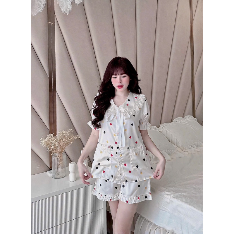 40-58kg Bộ pijama Đùi tiểu thư phối ren lụa latin mềm mát
