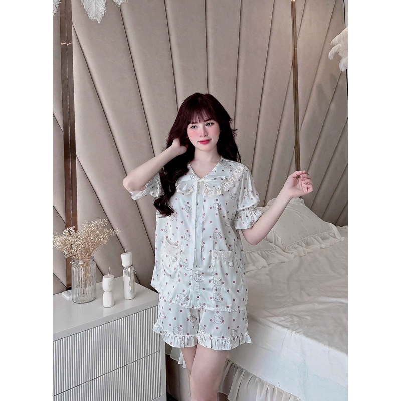 40-58kg Bộ pijama Đùi tiểu thư phối ren lụa latin mềm mát