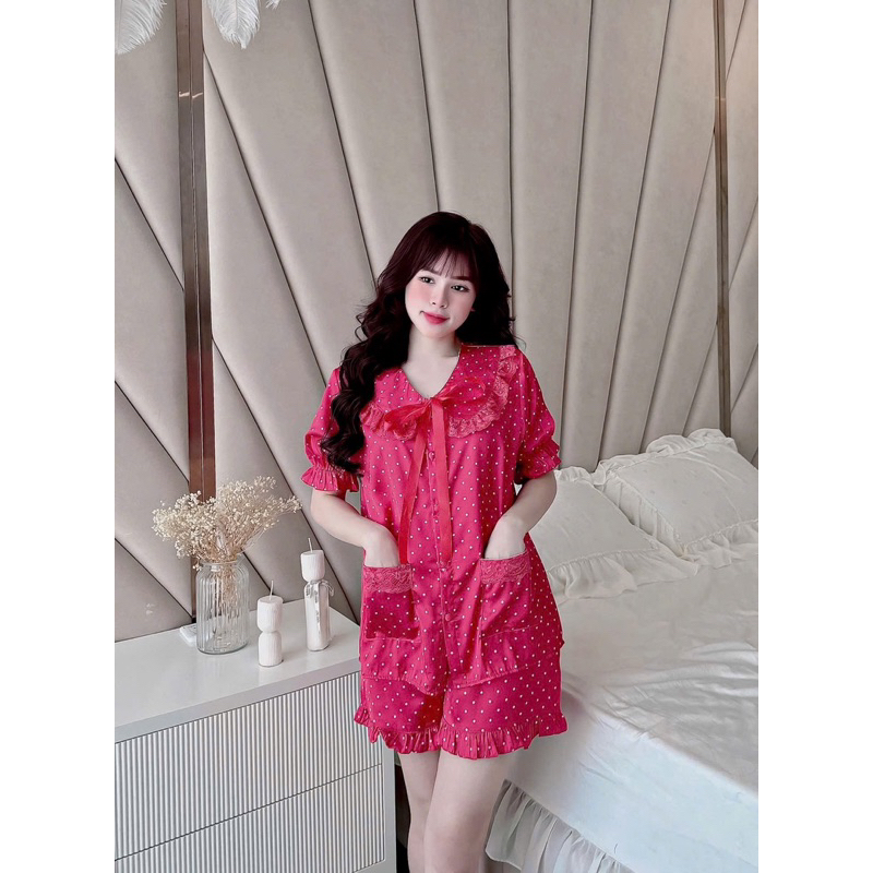 40-58kg Bộ pijama Đùi tiểu thư phối ren lụa latin mềm mát