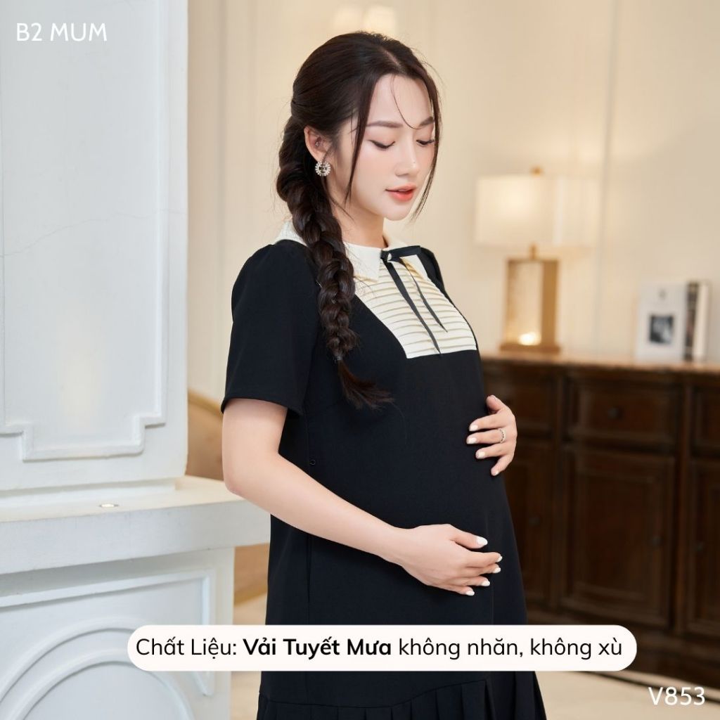 Váy bầu công sở xếp ly cổ mix xếp ly be, chất liệu co giãn, thoái mát mặc đi làm mùa hè - V853 B2MUM
