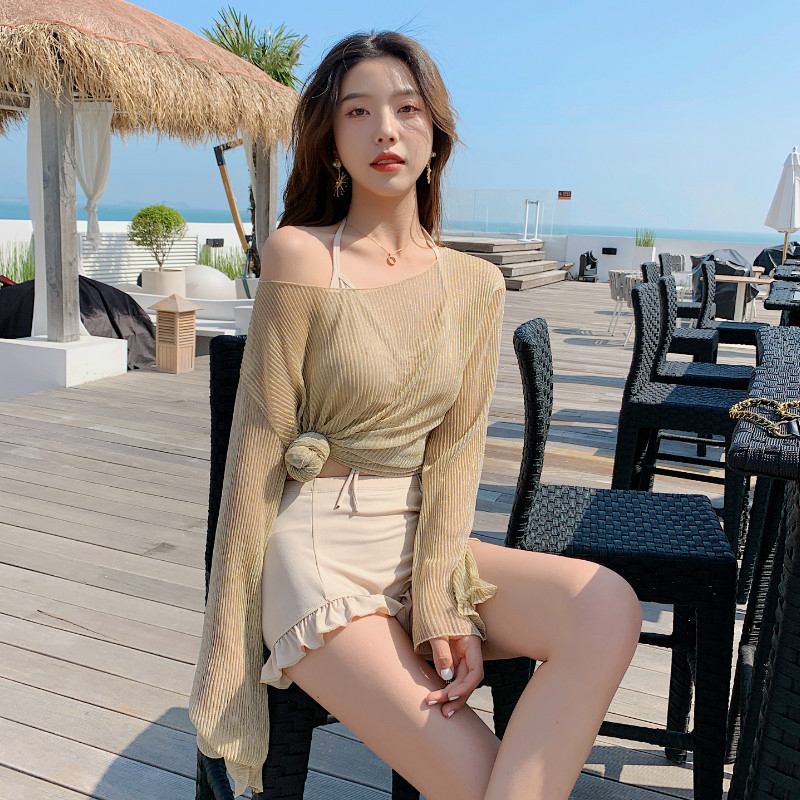 Ảnh Bikini LUHAZO đi biển du lịch 3 chi tiết nữ áo rút dây có mút ngực kèm quần nhún và áo lưới kín đáo 9961 TK13T4 4