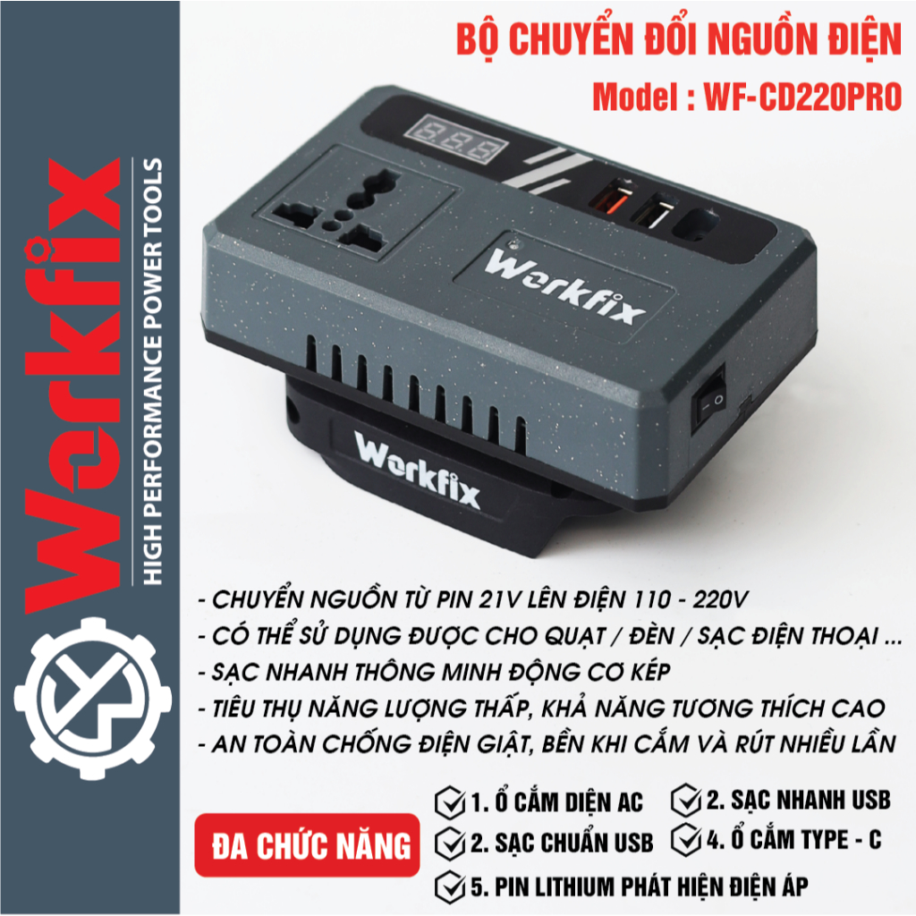 Đế chuyển đổi nguồn điện WORKFIX WF-CD220PRO chuyển từ pin 21V lên 110 ...