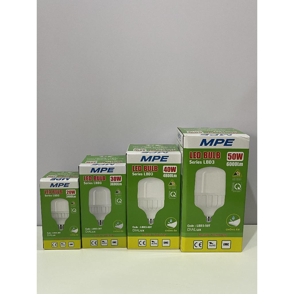 (CHÍNH HÃNG) MPE - Đèn LED BULB Trụ chống ẩm ánh sáng trắng - vàng công suất 20W - 30W - 40W - 50W MPE Phú Cường