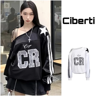 Áo sweater lệch vai phong cách retro phối ren nữ Ciberti