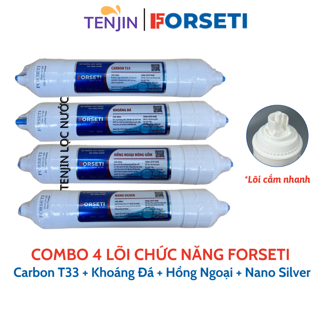 Combo 4 Lõi Lọc Chức Năng FORSETI Gồm Carbon T33 + Khoáng Đá + Hồng Ngoại + Nano Silver Dùng Cho Máy Lọc RO