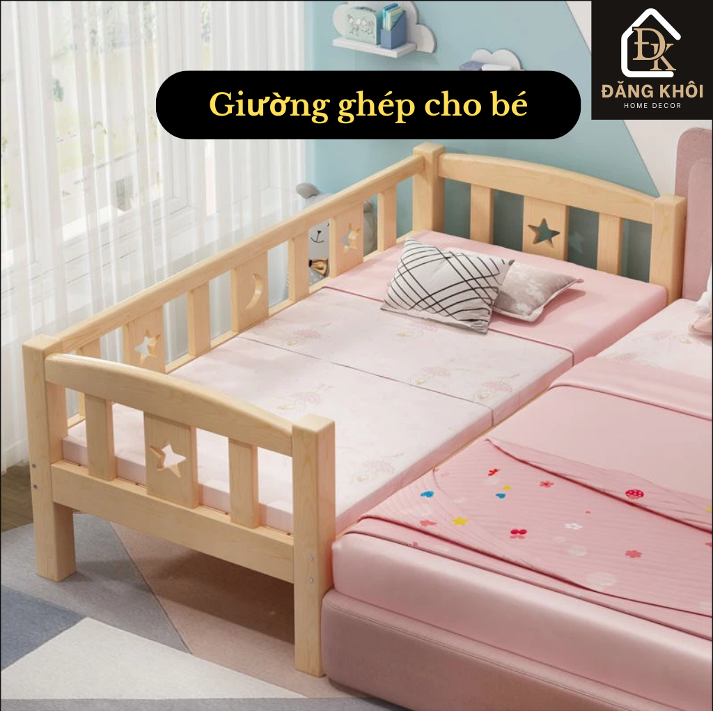 Giường Ghép Cho Bé Với Giường Bố Mẹ, Giường Ngủ Trẻ Em Gỗ Thông Nan Vuông Nhập Khẩu - HOMDECOR