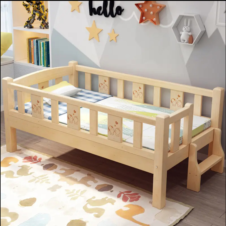 Giường Ghép Cho Bé Với Giường Bố Mẹ, Giường Ngủ Trẻ Em Gỗ Thông Nan Vuông Nhập Khẩu - HOMDECOR