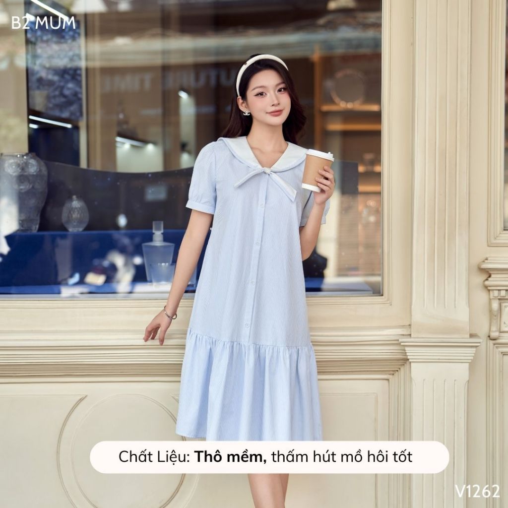 Váy bầu bẻ cổ nơ chất thô mềm phối màu xanh trắng thoải mái, dễ chịu cho mẹ bầu V1262 thiết kế by B2 MUM