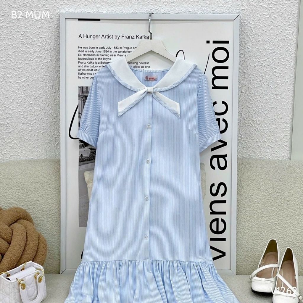Váy bầu bẻ cổ nơ chất thô mềm phối màu xanh trắng thoải mái, dễ chịu cho mẹ bầu V1262 thiết kế by B2 MUM