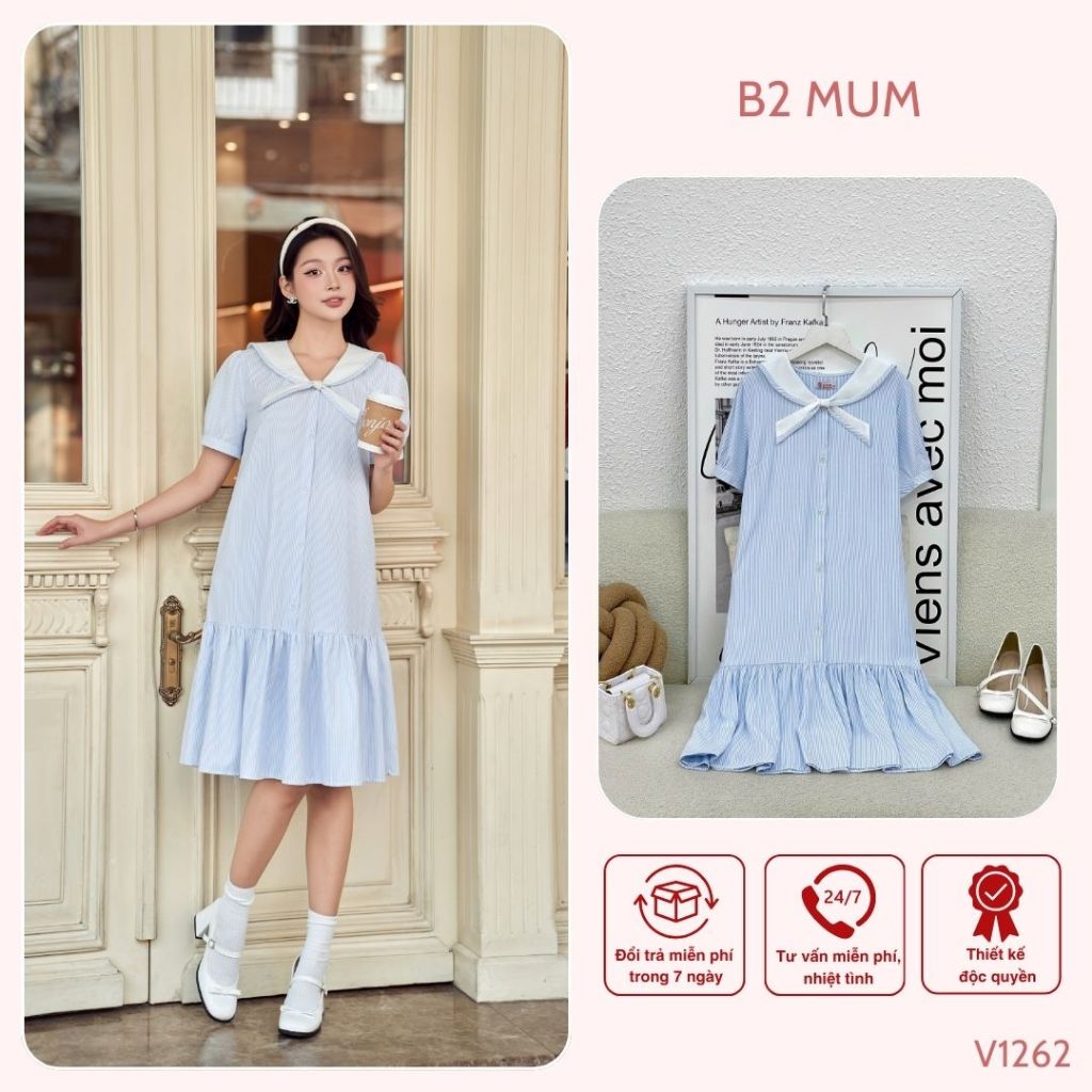 Váy bầu bẻ cổ nơ chất thô mềm phối màu xanh trắng thoải mái, dễ chịu cho mẹ bầu V1262 thiết kế by B2 MUM