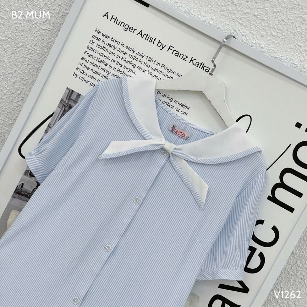 Váy bầu bẻ cổ nơ chất thô mềm phối màu xanh trắng thoải mái, dễ chịu cho mẹ bầu V1262 thiết kế by B2 MUM