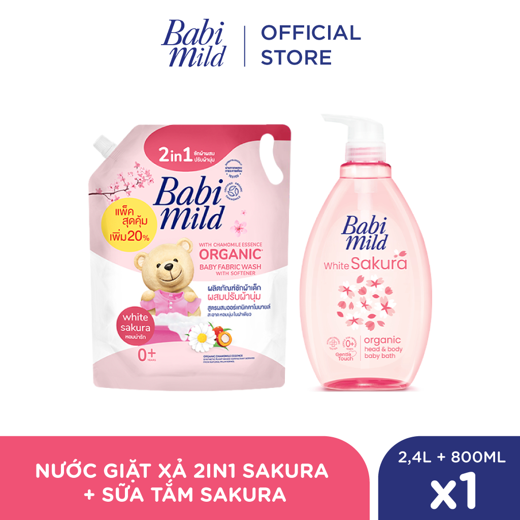 Combo Nước Giặt Xả Cho Bé Sakura 2.4L + Sữa Tắm Gội Trẻ Em 800ml - Babi Mild