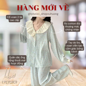 Bộ đồ ngủ nữ cổ V Xanh nhạt tay dài, dáng rộng, phong cách Hàn Quốc cao cấp LYLYCICI