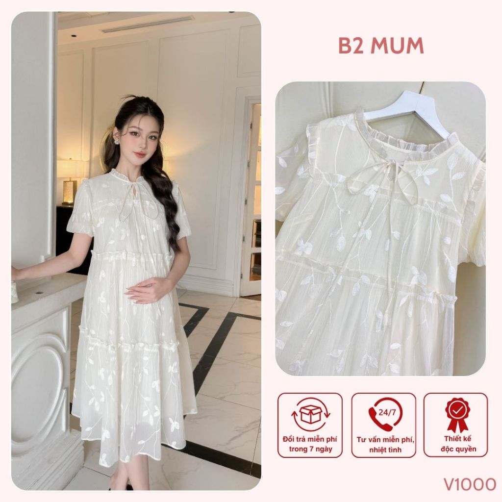 Váy bầu thiết kế dáng suông chất liệu voan tơ thêu mềm mặc thoải mái V1000 B2 MUM