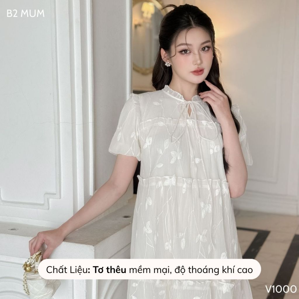 Váy bầu thiết kế dáng suông chất liệu voan tơ thêu mềm mặc thoải mái V1000 B2 MUM
