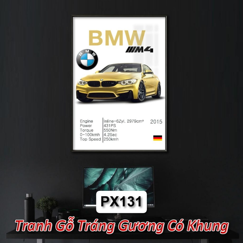 Tranh Gỗ Tráng Gương Siêu Xe BMW, Honda, Porsche,... Khung Composite Decor Treo Tường