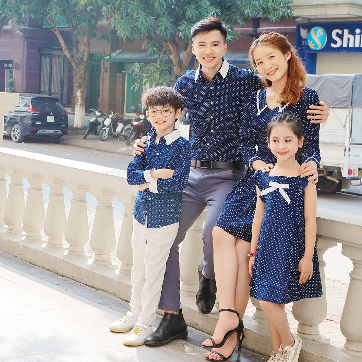 Đồng Phục Gia Đình Fig Tree Chấm Bi Xanh Phối Trắng Đi Tiệc, Đi Chơi, Chụp hình,Hàng Thiết Kế,MS 162