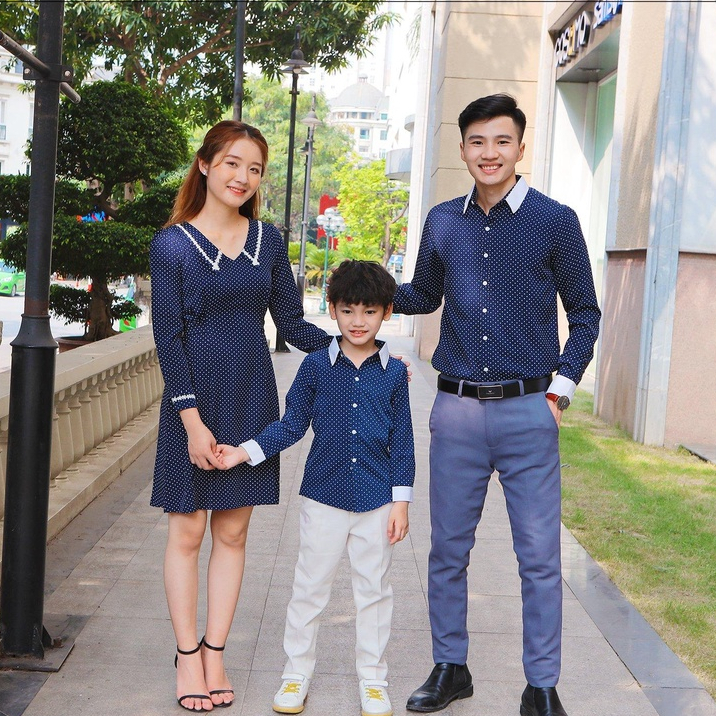 Đồng Phục Gia Đình Fig Tree Chấm Bi Xanh Phối Trắng Đi Tiệc, Đi Chơi, Chụp hình,Hàng Thiết Kế,MS 162