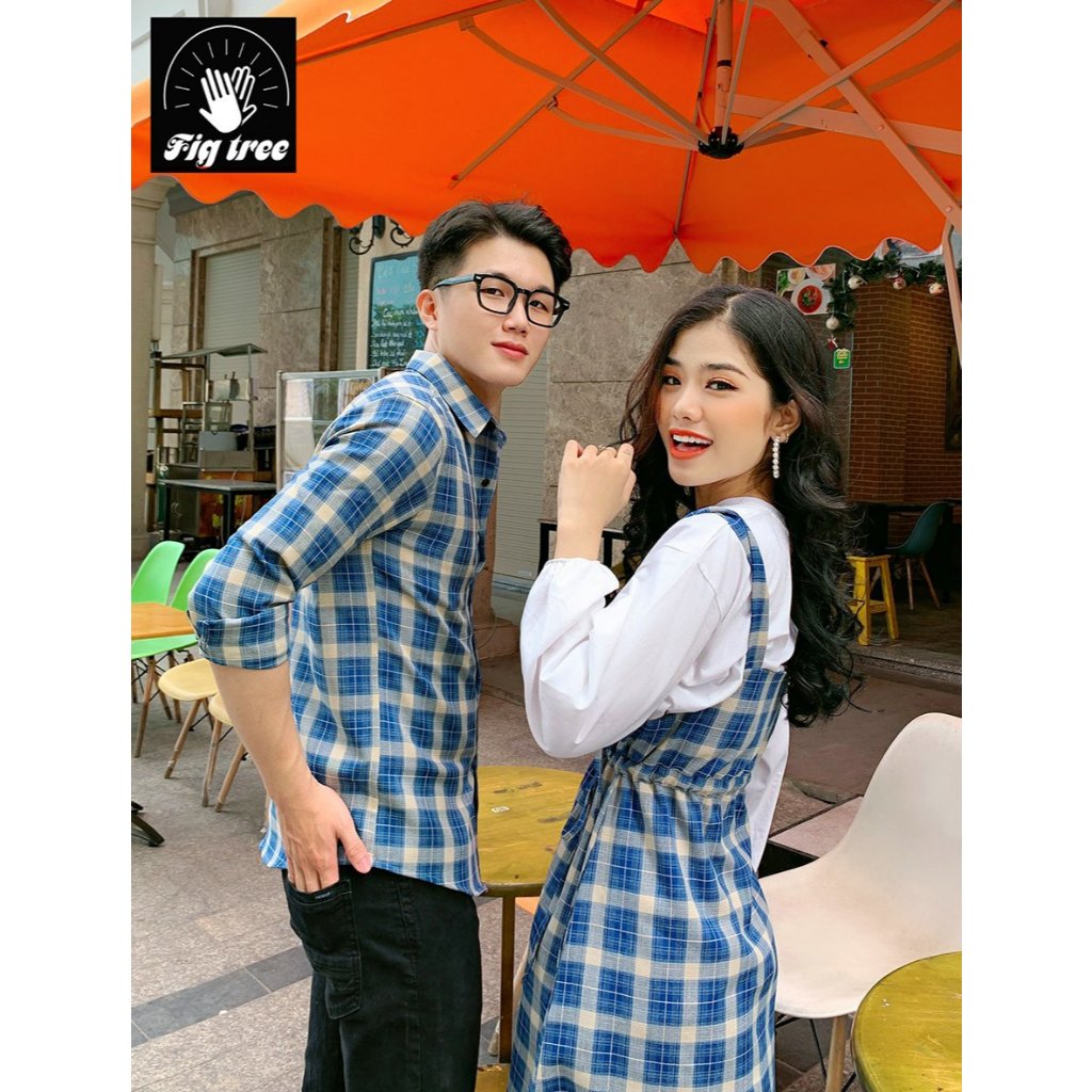 Set Sơ Mi Váy Đôi Fig Tree Sọc Caro Xanh, Sơ Mi Nam, Set Yếm Nữ Kèm Thun ( Mã Số 168A)