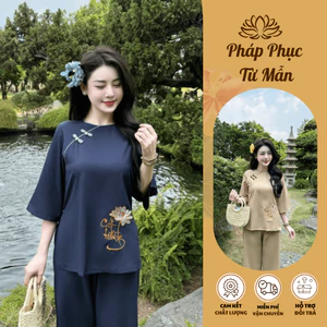 Bộ đồ đi chùa cổ tròn thêu Cát tường lụa nhuyễn mềm Pháp phục lễ chùa tay lỡ khuy tết Đồ lam đi lễ mềm mát Thanh lịch