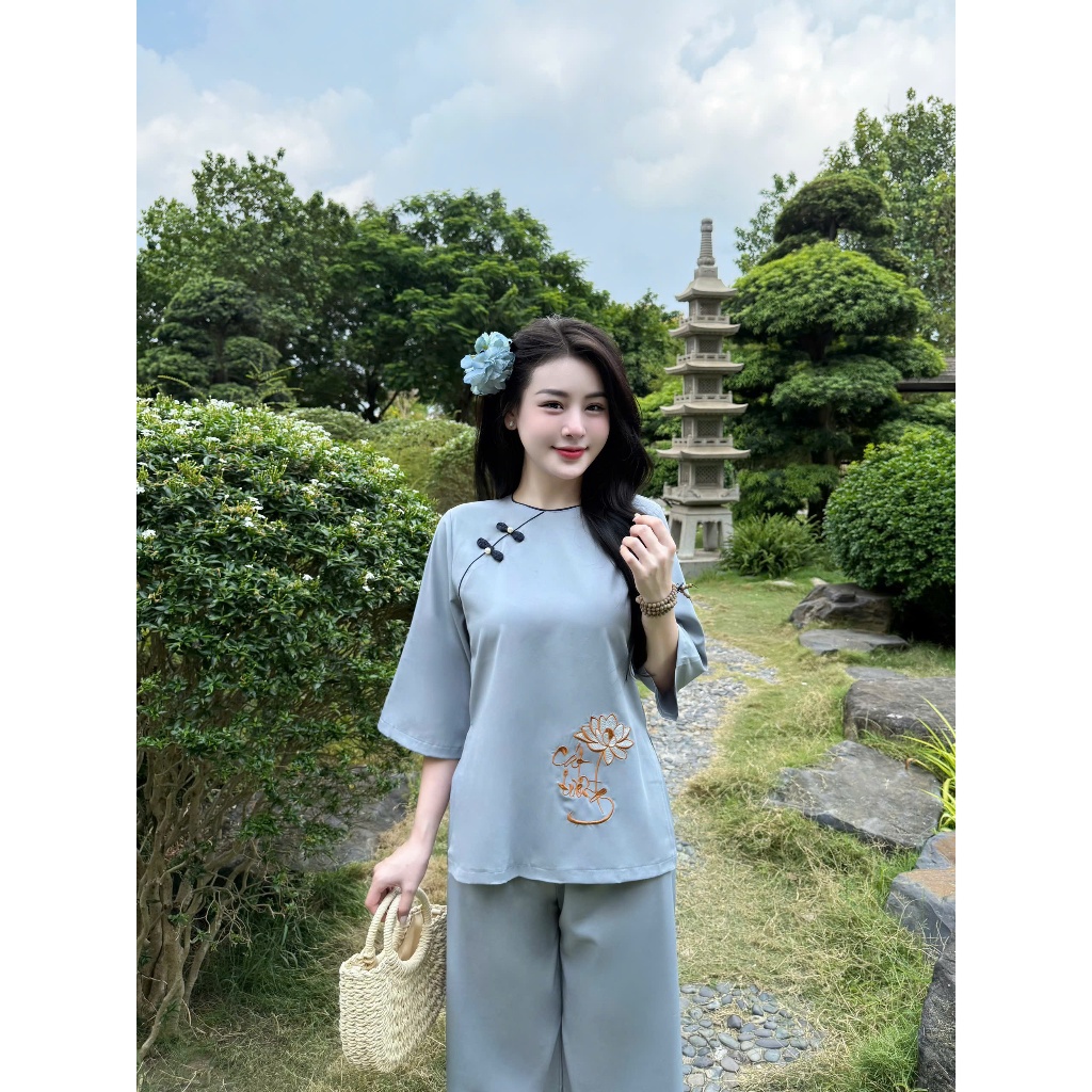 Bộ đồ đi chùa cổ tròn thêu Cát tường lụa nhuyễn mềm Pháp phục lễ chùa tay lỡ khuy tết Đồ lam đi lễ mềm mát Thanh lịch
