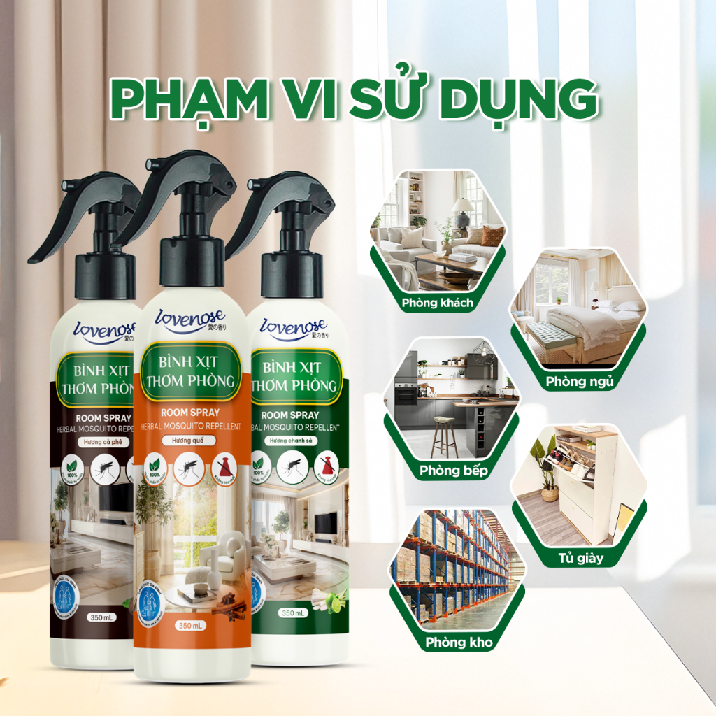 Xịt thơm phòng đuổi muỗi Lovenose đuổi côn trùng chiết xuất từ tinh dầu tự nhiên lành tính, khử mùi phòng 350ml