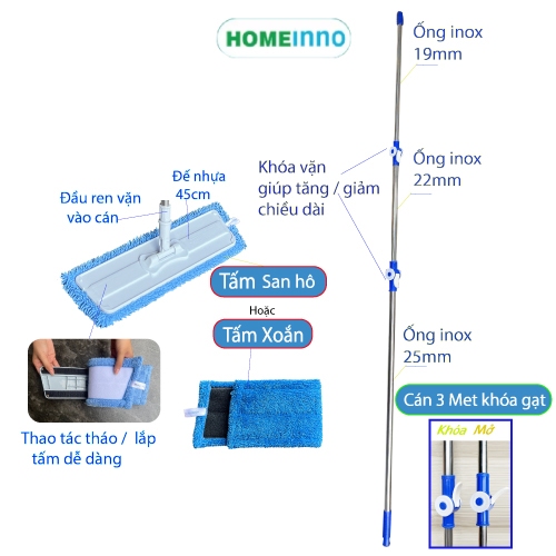 Cây Lau Tường, Lau Trần Nhà, Lau Kính Trên Cao Kiểu Dán Bảng 45cm Homeinno Cán 3 Mét KHÓA GẠT