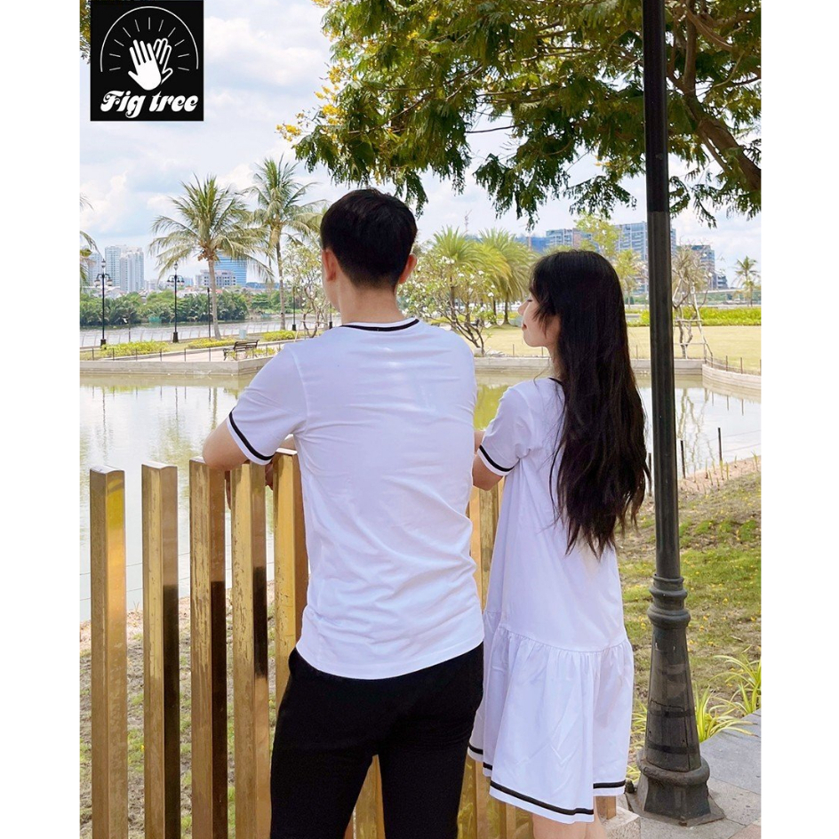 Set Áo Váy Thun Đôi Fig Tree Màu Trắng Phối Viền Đen Siêu Xinh, Chất Cotton Dày Dặn, in Be Happy
