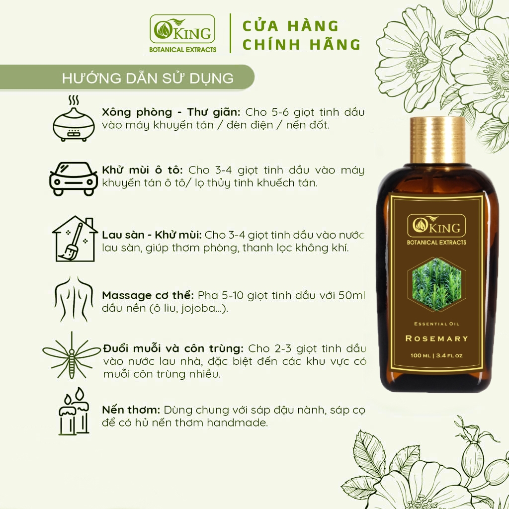 Tinh dầu Hương thảo 100ml đuổi muỗi, kích mọc tóc nguyên chất | Oking Việt Nam