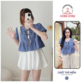 Áo babydoll kẻ dáng ngắn cổ tròn buộc nơ ChangStore - A50