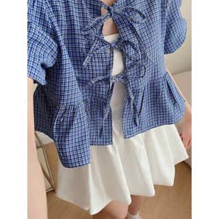 Áo babydoll kẻ dáng ngắn cổ tròn buộc nơ ChangStore - A50