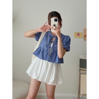 Áo babydoll kẻ dáng ngắn cổ tròn buộc nơ ChangStore - A50