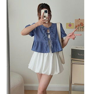Áo babydoll kẻ dáng ngắn cổ tròn buộc nơ ChangStore - A50