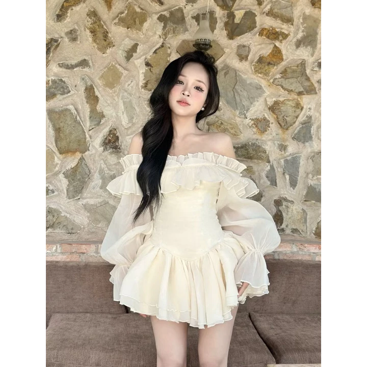 VÁY TRỄ VAI TIỂU THƯ NÚT NGỌC TƠ HÀN TAY BỒNG DÁNG VÁY XOÈ FORM BIGSIZE 55-90KG