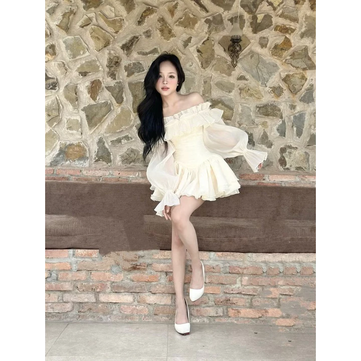 VÁY TRỄ VAI TIỂU THƯ NÚT NGỌC TƠ HÀN TAY BỒNG DÁNG VÁY XOÈ FORM BIGSIZE 55-90KG